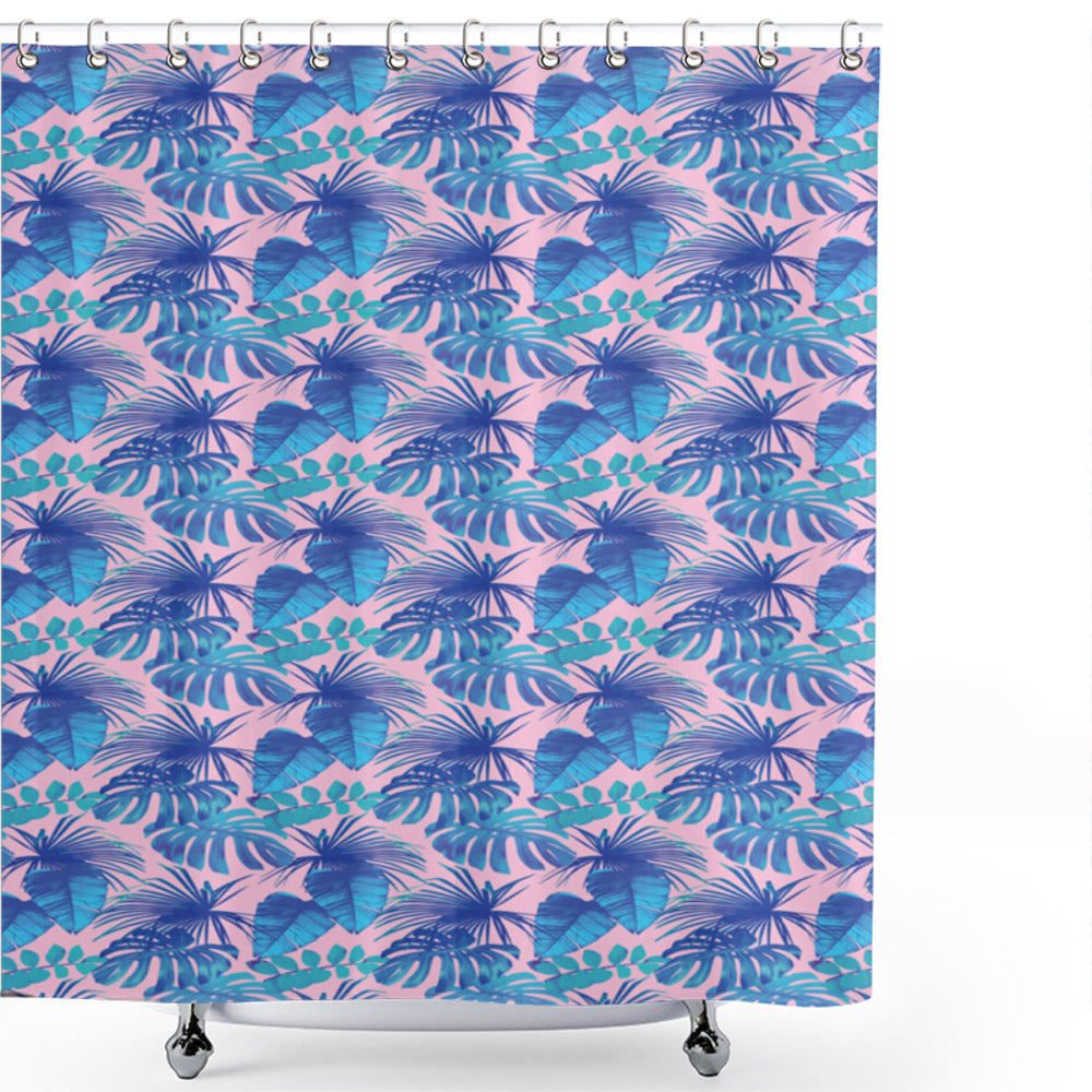 Turquoise, Navy Blue, and Pink Banana Leaf Luau Summer Jungle Shower Curtain