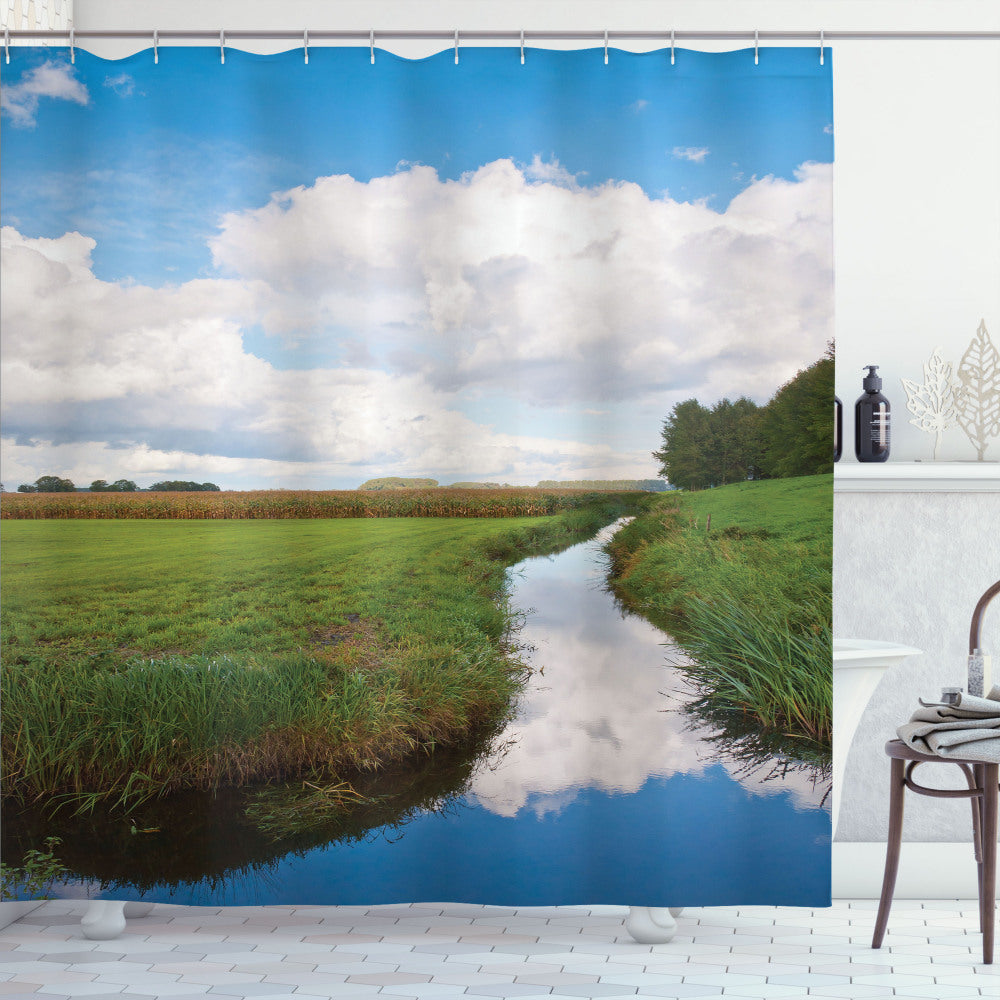 Tranquil River Meadow Landscape with Green, Blue, and White Trees - Shower Curtain