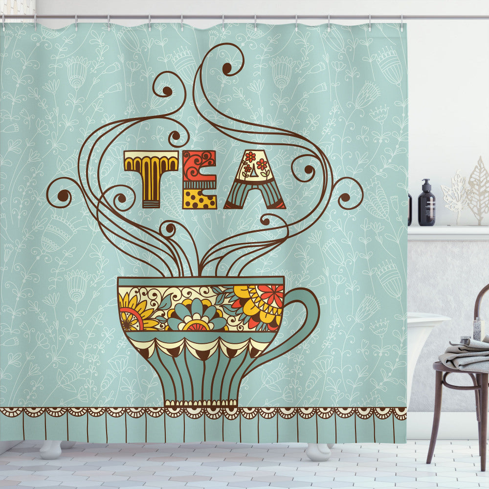 Tea Cup Floral Ornamental Lines Multicolor Shower Curtain