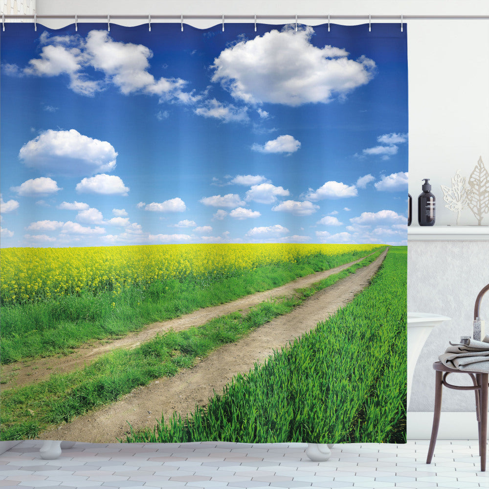 Vibrant Rapeseed Field Colors Inspire the Yellow, Blue, White, Green, and Blue Shower Curtain Design