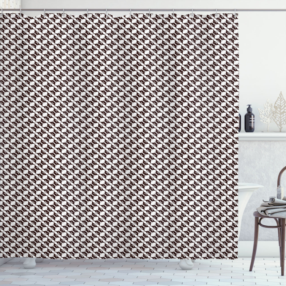 Abstract Monochrome Floral Hexagons Shower Curtain in Seal Brown and White