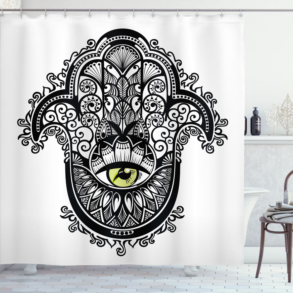 Vivid Swirled Floral Bath Curtain in Evil Eye Print with Yellow, White, and Black Accents