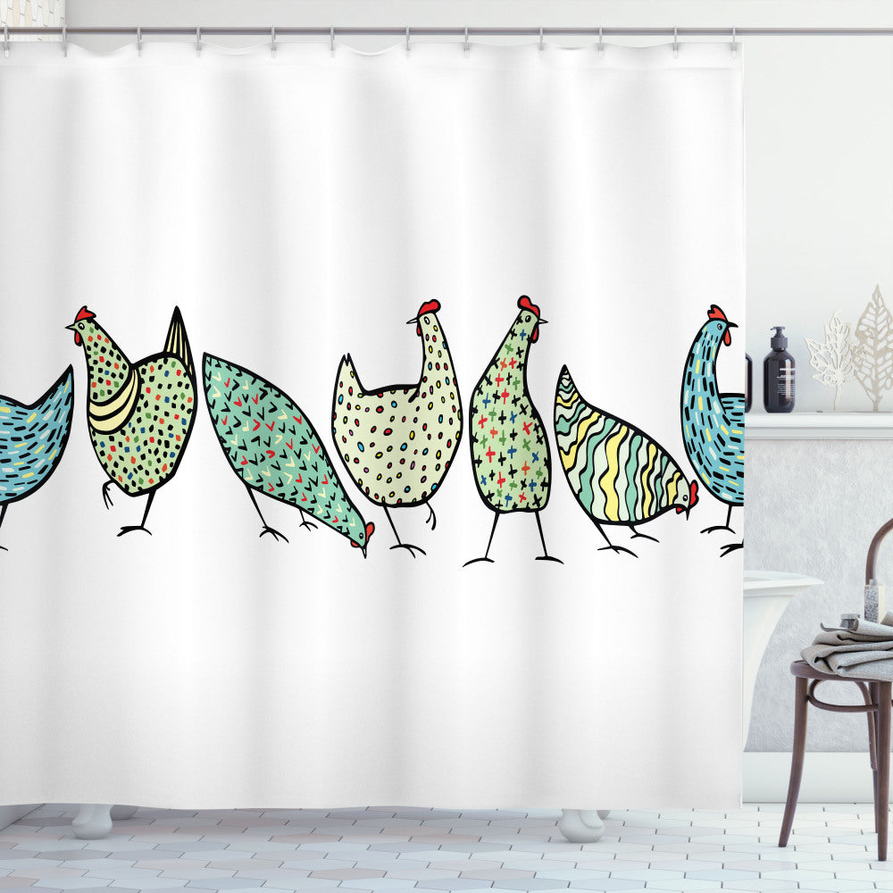 Chic Chicken Coop: Pale Green and White Farm Hen Ornaments Shower Curtain