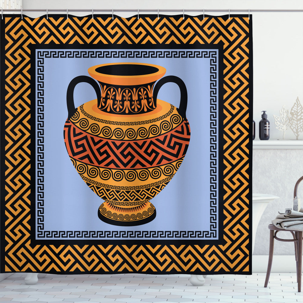 Traditional Amphora Greek Key Bath Curtain with Lavender, Orange, and Black Design Options