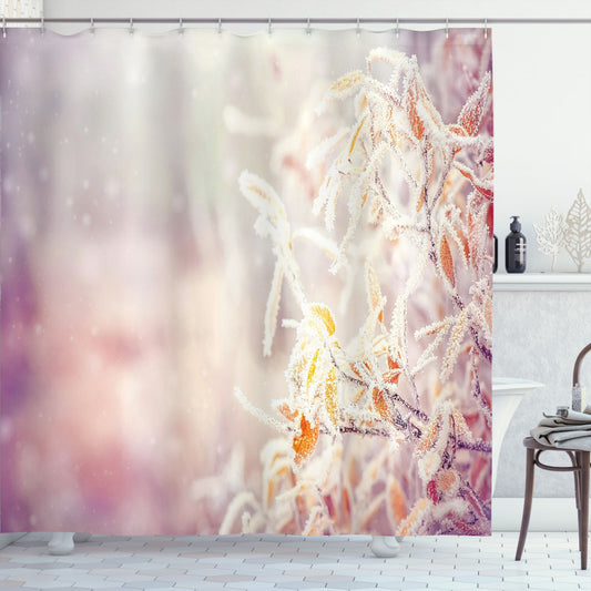 Winter Bath Curtain Collection: Tree Leaves, Snowflakes, and a Pop of Orange, White, and Pink