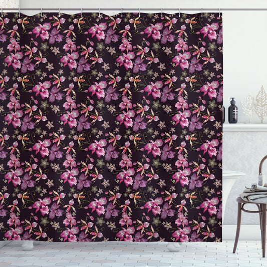 Vintage-Inspired Floral Patterns: Orchids, Black, Coral, Pink Shower Curtain