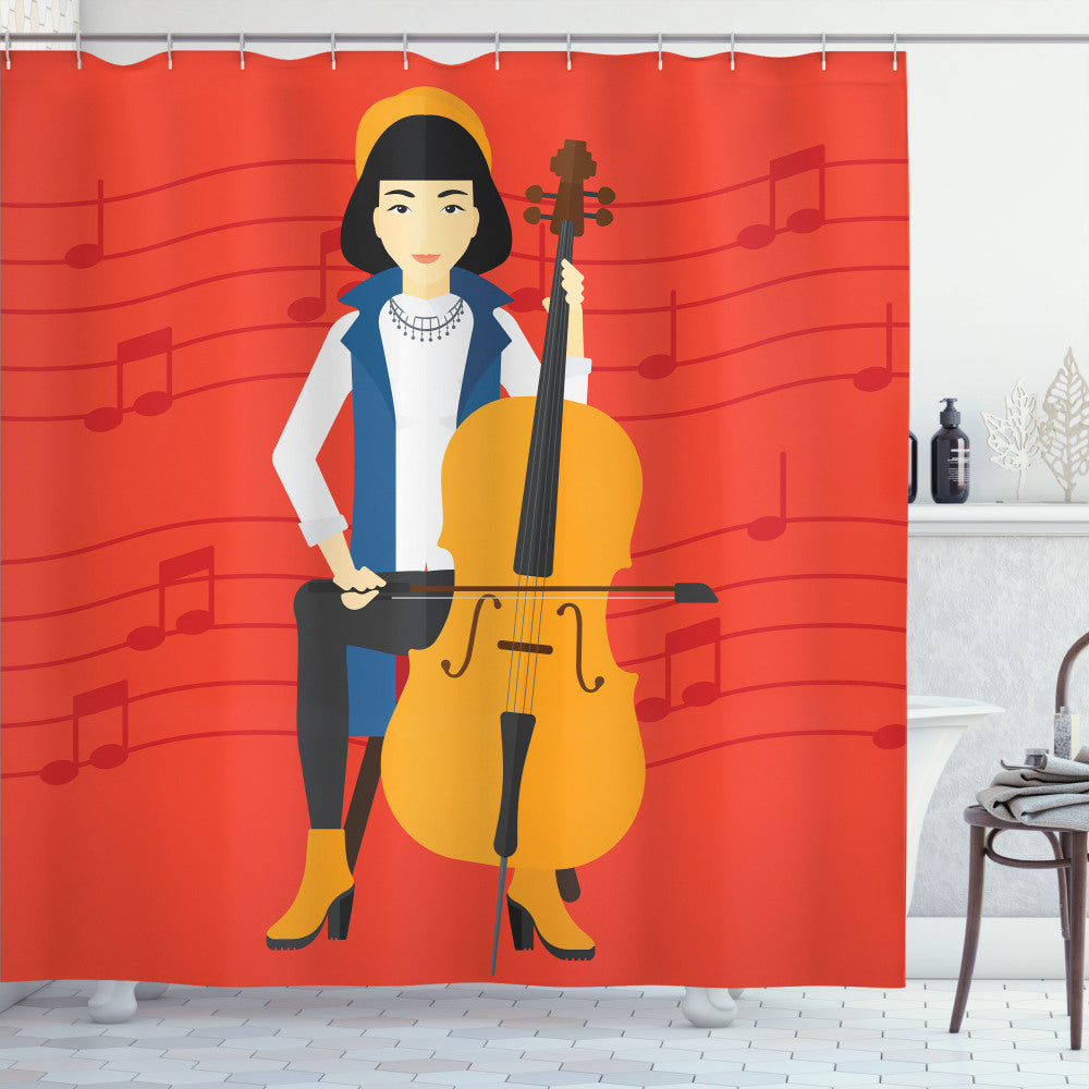 Cartoon Woman Playing Cello in Multicolor Burnt Sienna Design Shower Curtain