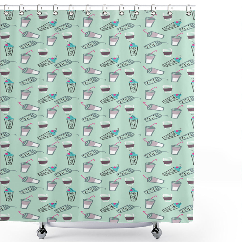 Coffee Cups Artistic Beverages Collection: Doodle Designs in Almond Green, Pale Mauve, Turquoise, and Pink on Shower Curtains