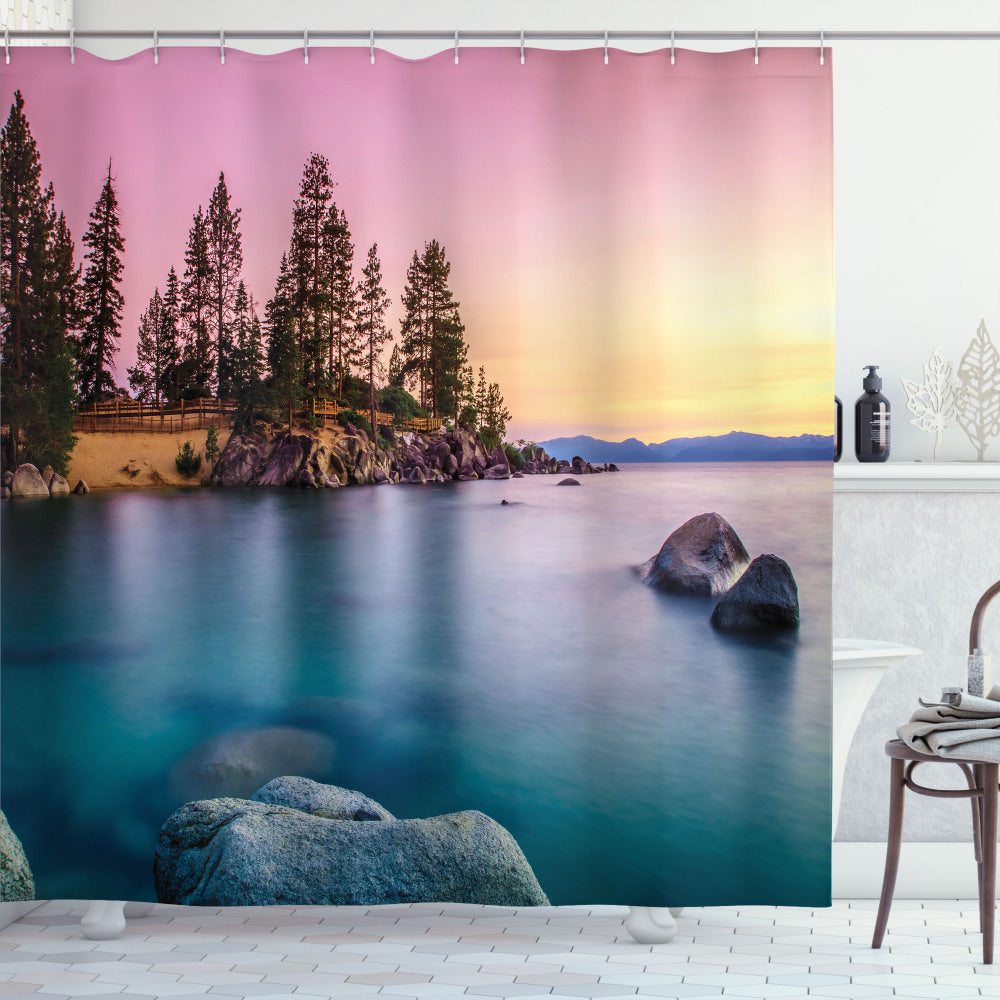 Tranquil Lakeside View: Pink and Blue Lake Scene Shower Curtain