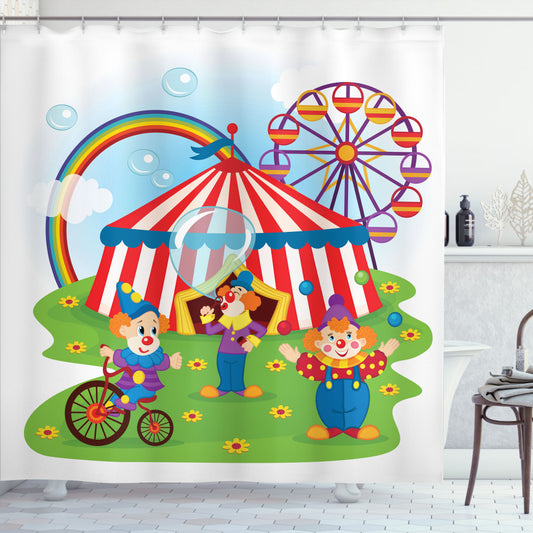 Vibrant Circus Clowns Create a Fun Scene on this Multi-color Shower Curtain