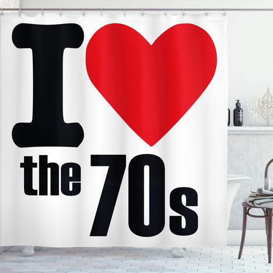 70s Party Pictogram Shower Curtain in White, Black, and Red - Show your love for the 70s!