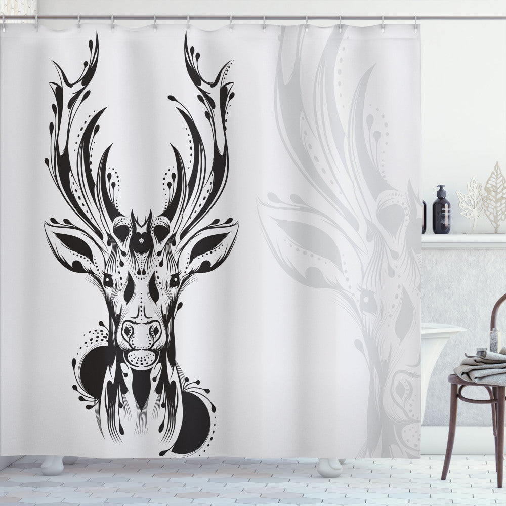 Tribal Deer Shadow Art Antlers Design Shower Curtain in Pale Grey and Black Colors