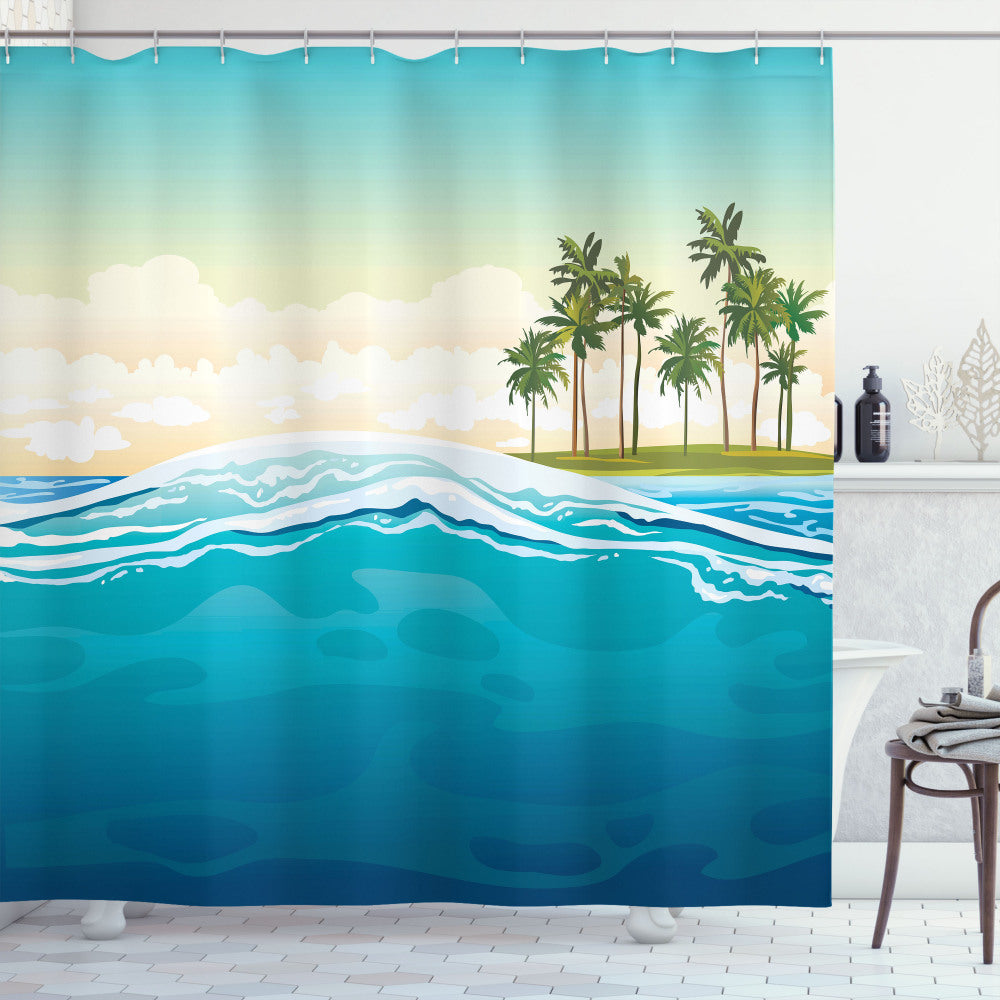 Tropical Ocean Holiday Landscape Bath Curtain in Petrol Blue and Mint Green Colors