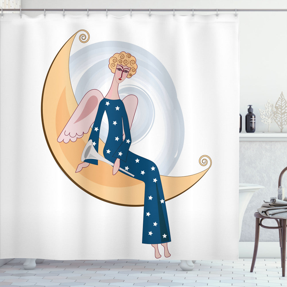 Angel Wings and Night Blue: Girl with Trumpet Moon Shower Curtain in Peach