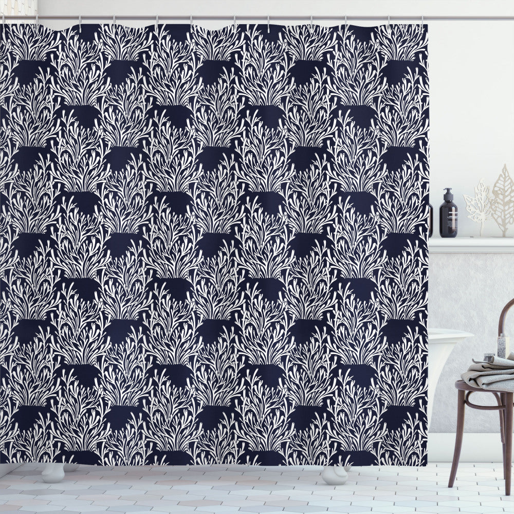 Botanical Tree Branches Plantation Shower Curtain in Dark Violet Blue and White