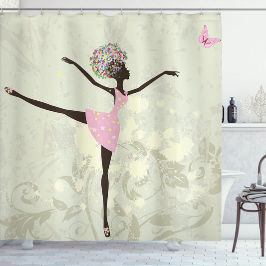 Ballet Inspired Afro Girl Shower Curtain with Floral Hair in Pale Green, Brown, and Pink