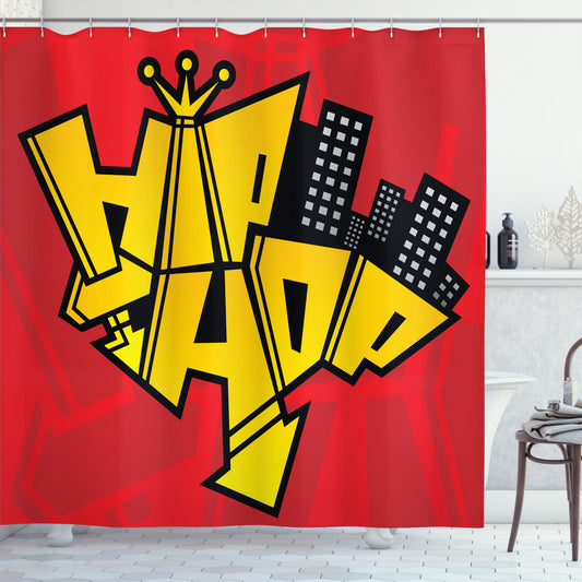 Vibrant Hip Hop Urban Skyline Shower Curtain in Vermilion, Yellow, and Black