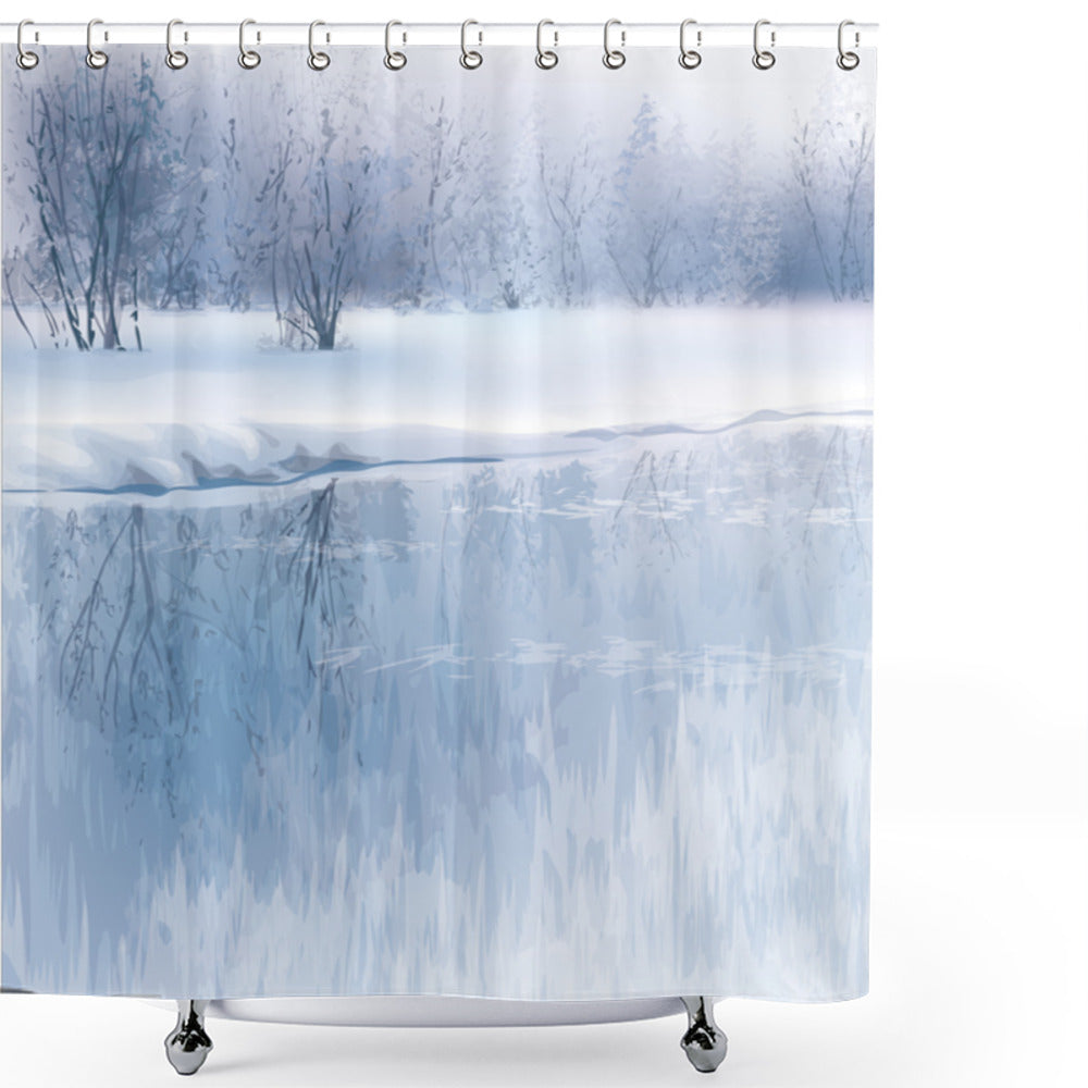 Winter Wonderland Bath Curtain: Bluegrey and White Icy River Cold Weather Theme