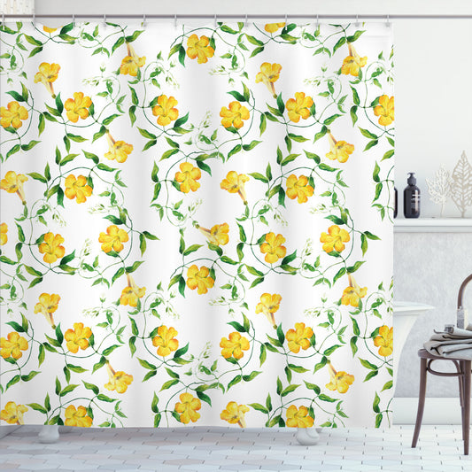 Botanical Theme with Yellow Flower and Jade Green: Yellow Shower Curtain