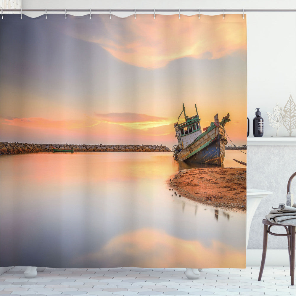 Boat on Beach Dusk Custom Shower Curtains