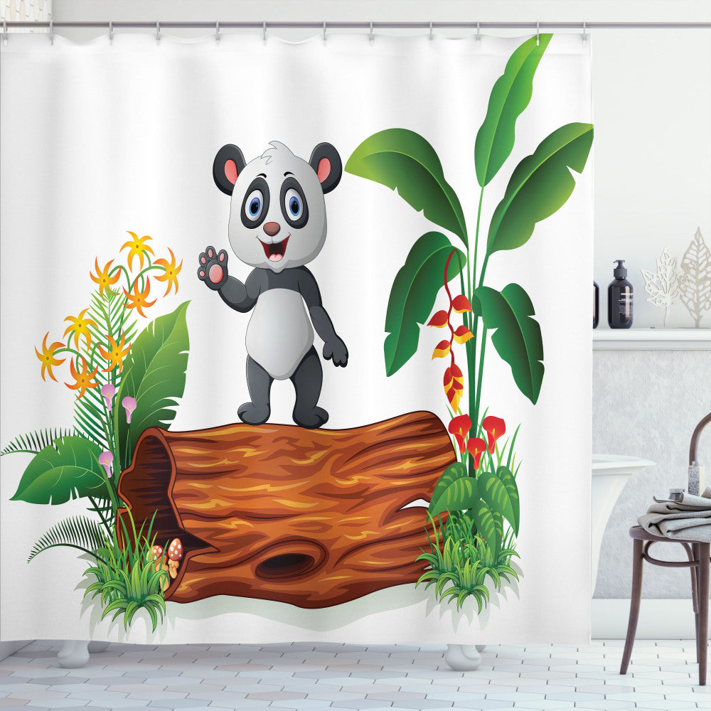 Adorable Baby Panda Posing on Green Brown Shower Curtain