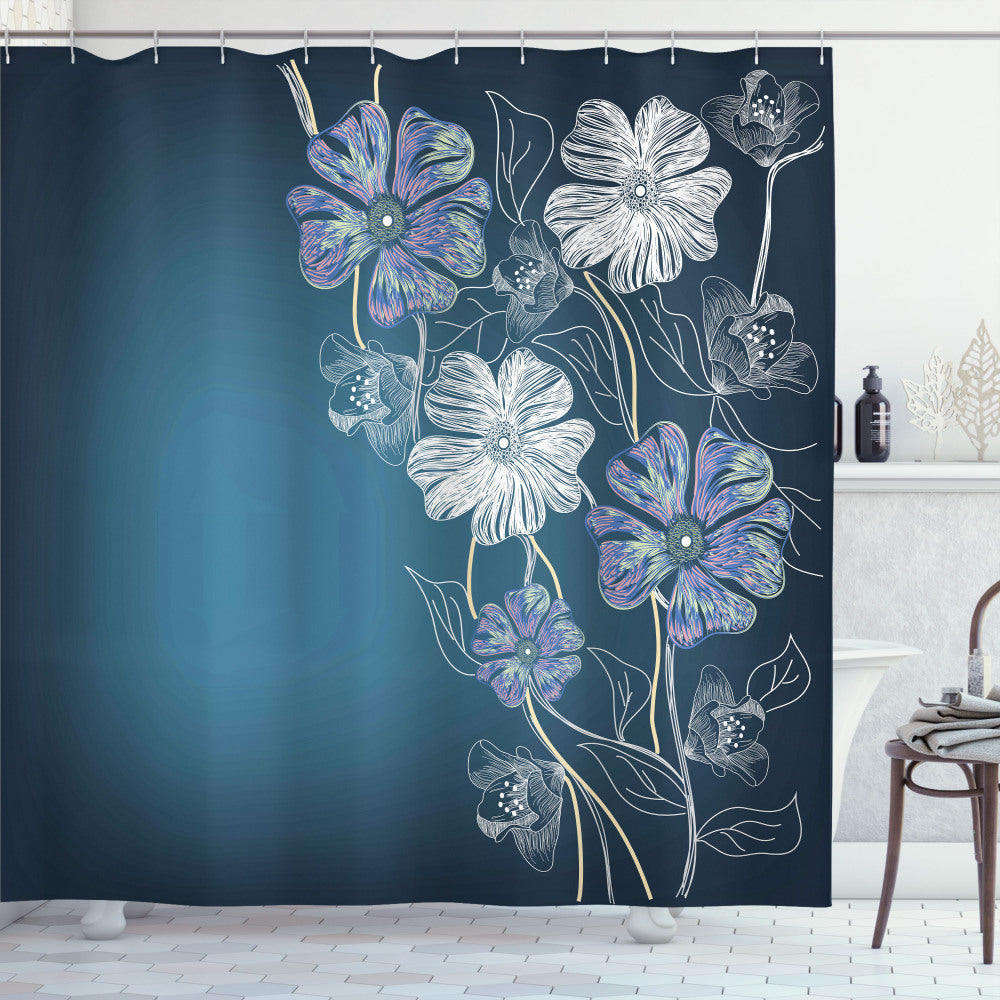 Artistic Cherry Blossom Bridal Theme Shower Curtain in Petrol Blue, Lavender, and White Tones