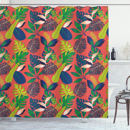 Botanical Art Shower Curtain Featuring Abstract Flower Leaves Design in Dark Salmon and Multicolor Tones