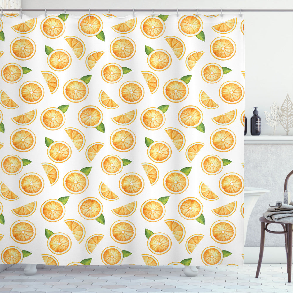 Watercolor Fruit Slice Bath Curtain with Orange, White, and Green Accents