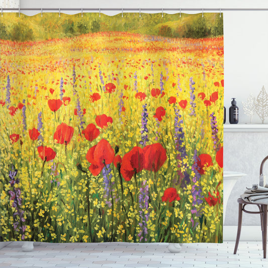 Vibrant Field with Poppies Farm Shower Curtain - Flower,Yellow,Green,Red