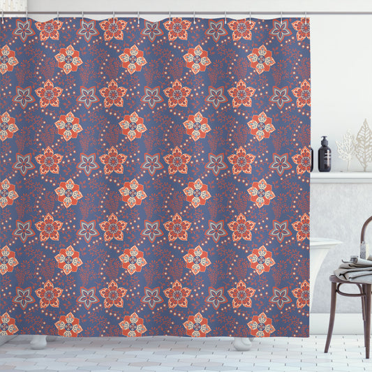 Cadet Blue, Orange, and Cream Floral Scroll Swirls Shower Curtain