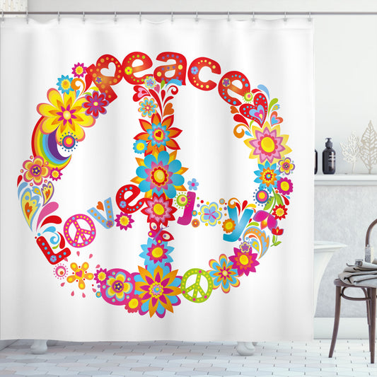 70s Party Vibes: Peace Love Joy Flowers Multicolor Shower Curtain