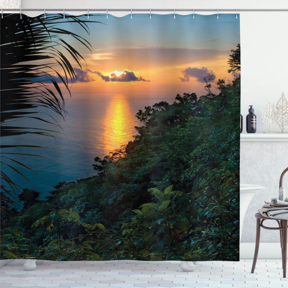 Tropical Sunrise Ocean Seaside Bath Curtain in Rainforest Orange, Green, and Blue Palette