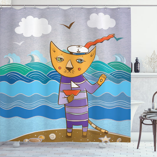 Cat Sailor Feline on the Shore Multicolor Shower Curtain