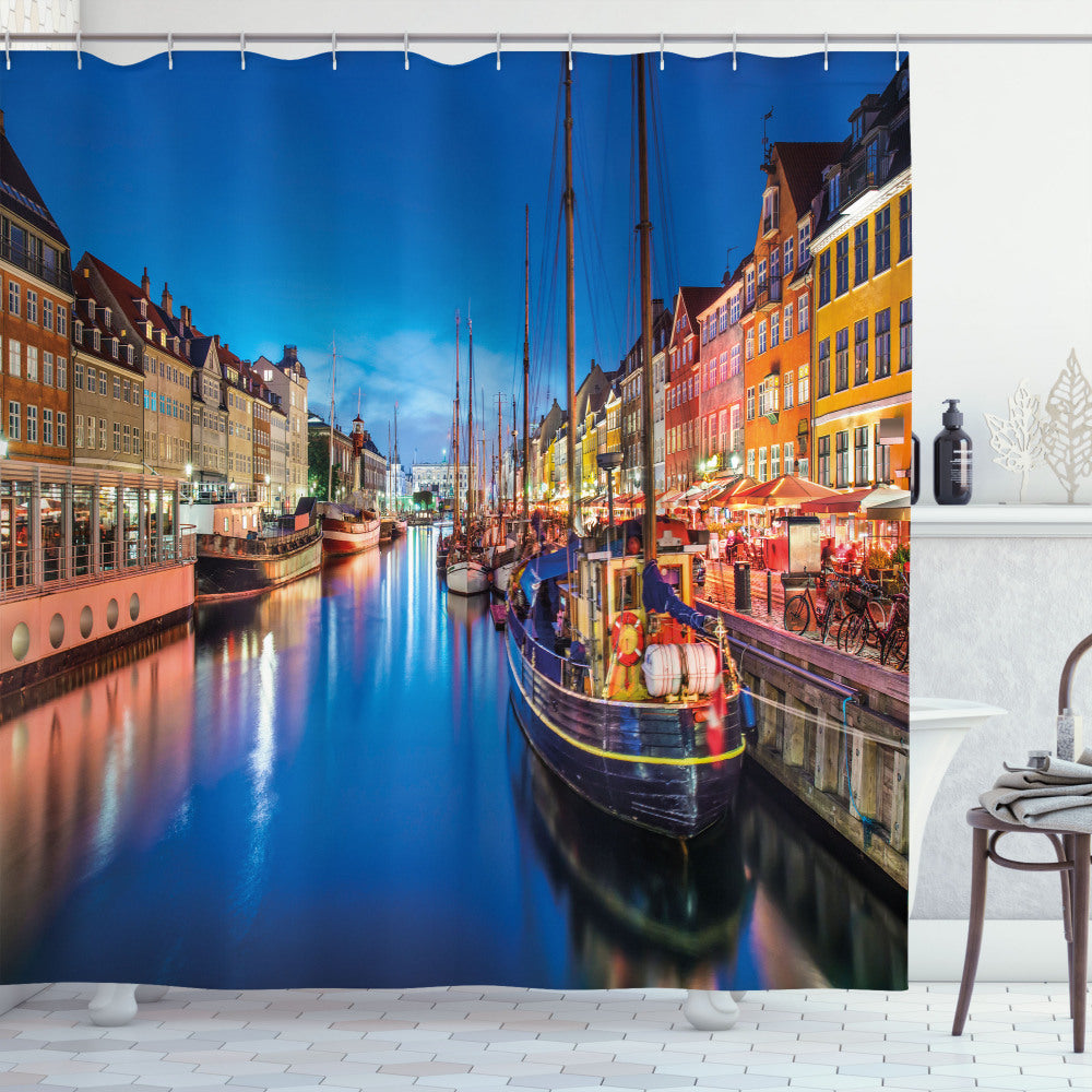 Urban Multicolor Bath Curtain Inspired by Nyhavn Canal Copenhagen