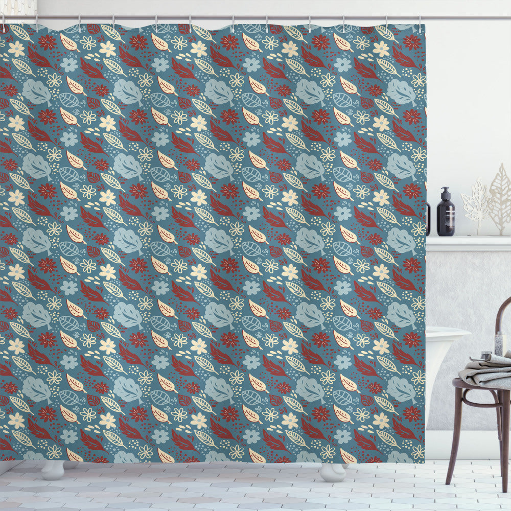 Botanical Flowers and Leaves Garden Art Shower Curtain in Slate Blue, Cream, and Ruby