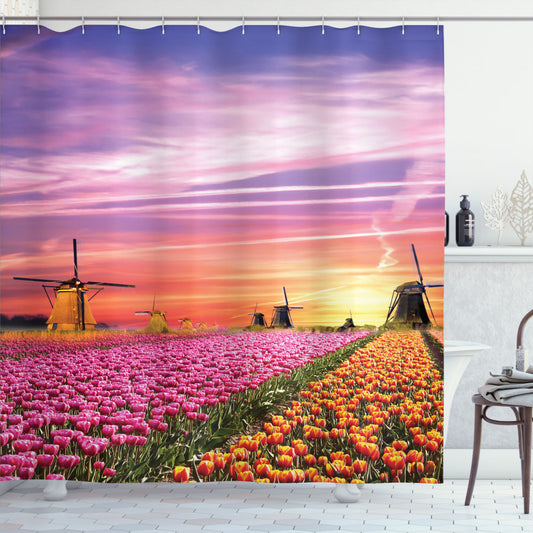 Vibrant Nature-inspired Tulip Fields Bath Curtain in Orange, Purple, and Pink Tones