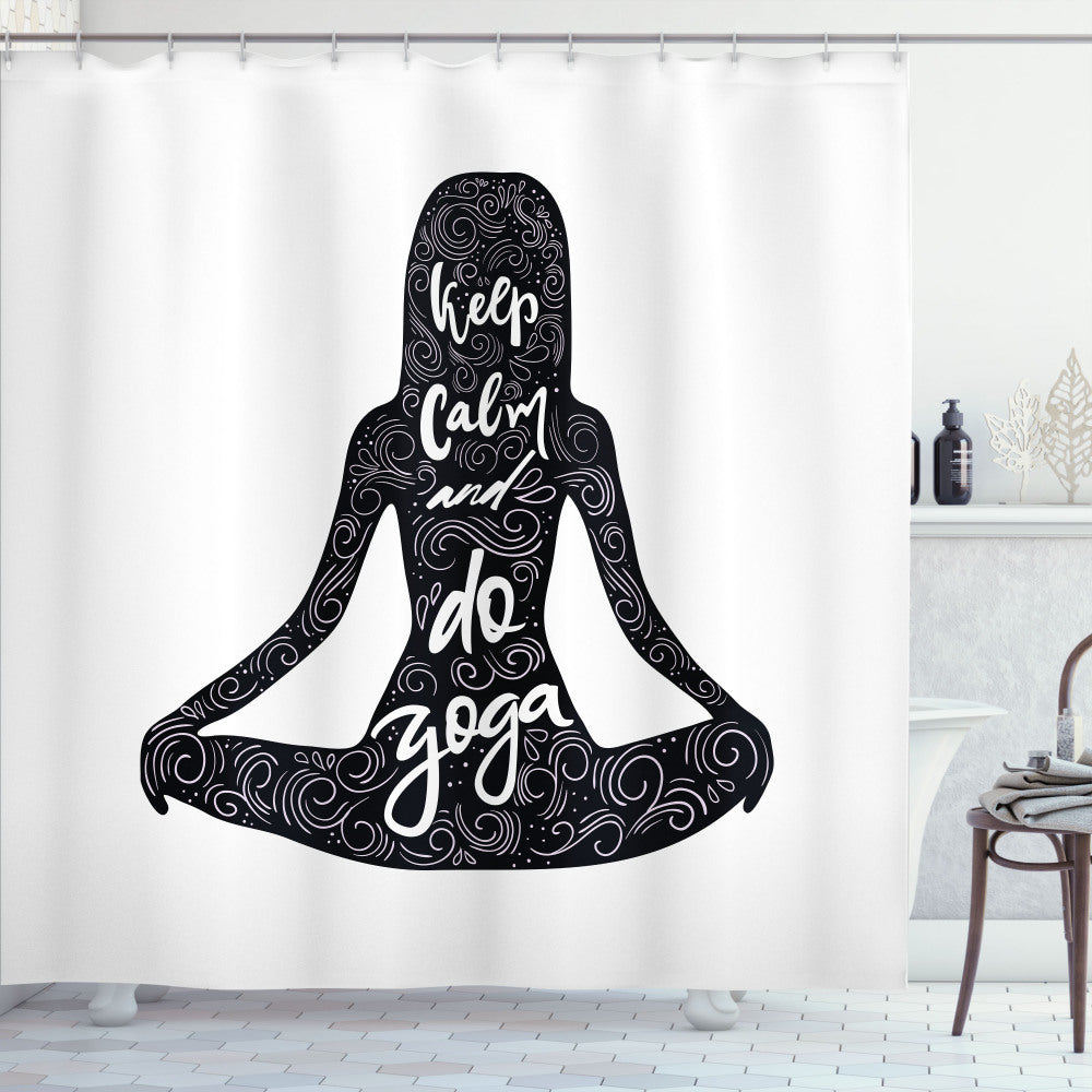 Calm Yoga Girl: White and Black Yoga Words Shower Curtain