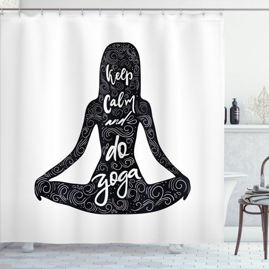 Calm Yoga Girl: White and Black Yoga Words Shower Curtain