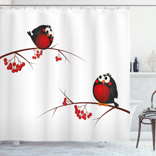 Christmas Cartoon Bath Curtain in Rowan, White, Black, and Red Colors