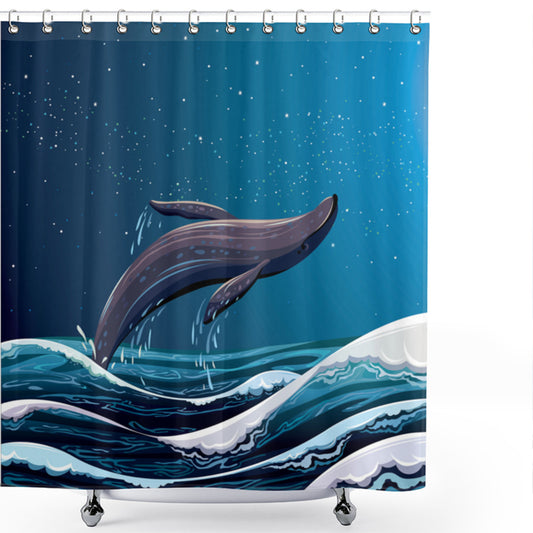 Whimsical Whale Design Shower Curtain in Pale Eggplant, Azure Blue, Night Blue, and Sea Blue