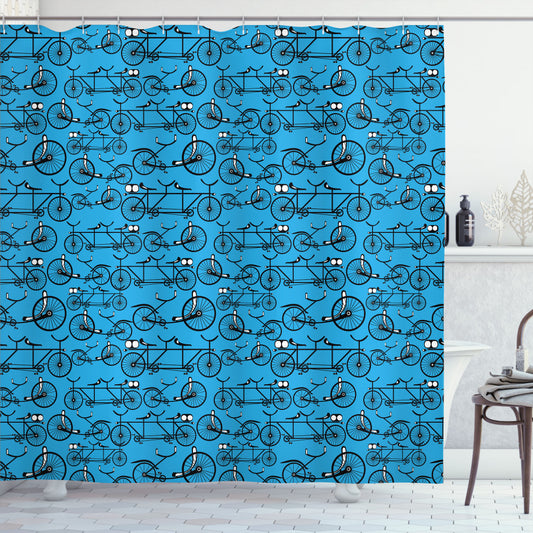 Vintage Cartoon Bicycles Shower Curtain in Bicycle Black, White, and Blue Design