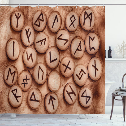 A Photographic Illustration Featuring Rune, Dark Brown, Cinnamon, and Champagne Colors on a Shower Curtain