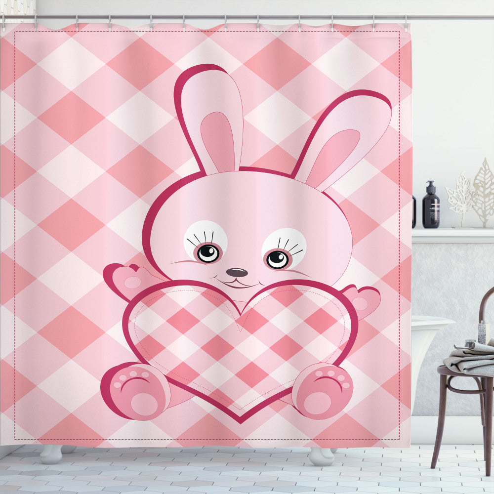 Adorable Baby Bunny Heart Diamond Design Shower Curtain in Pale Pink, Magenta, and Rose