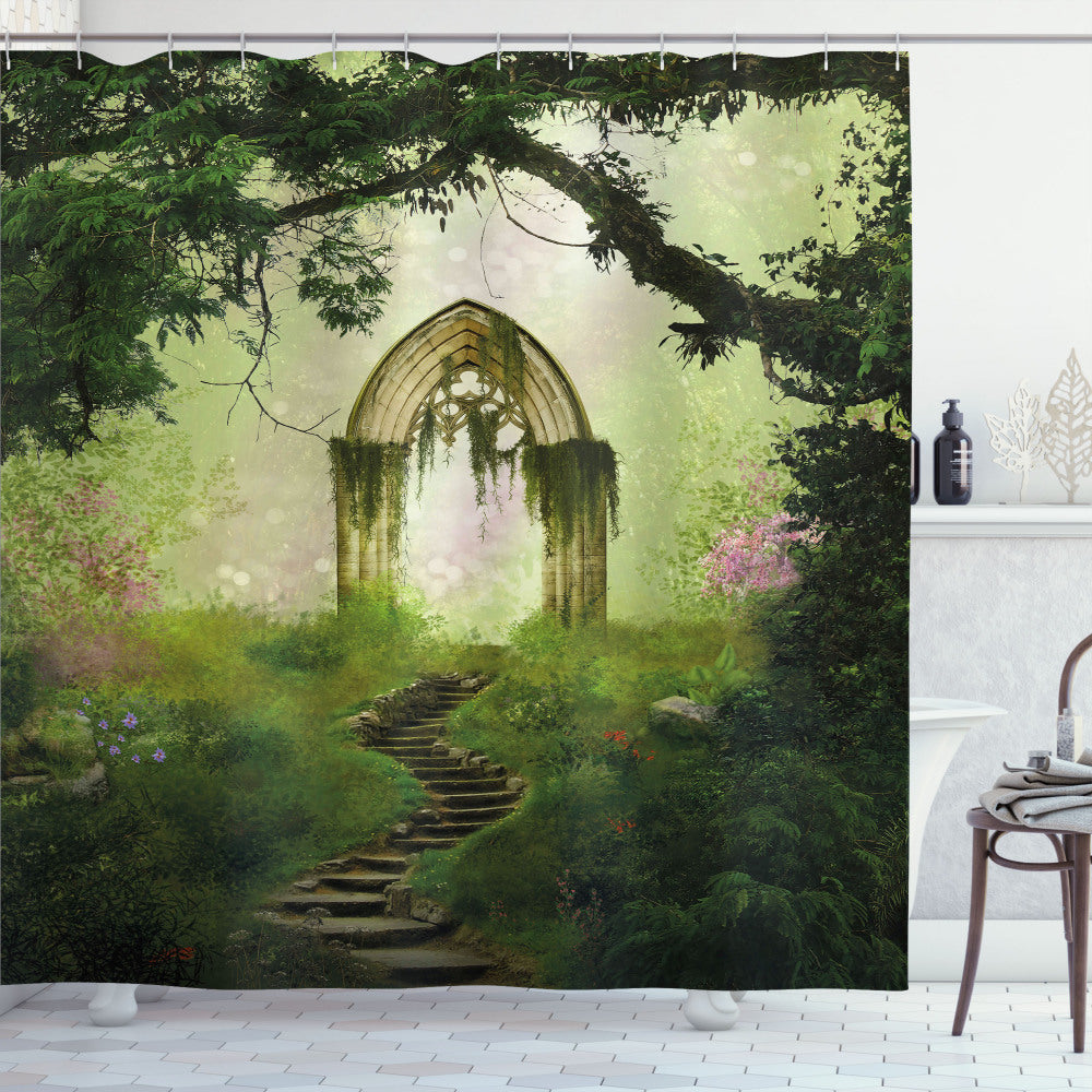 Vintage Green Forest Fantasy Gate Shower Curtain