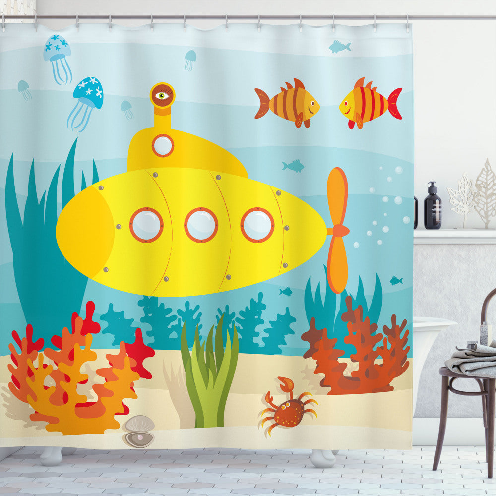 Yellow Submarine Pale Blue and Yellow Sea Life Theme Shower Curtain