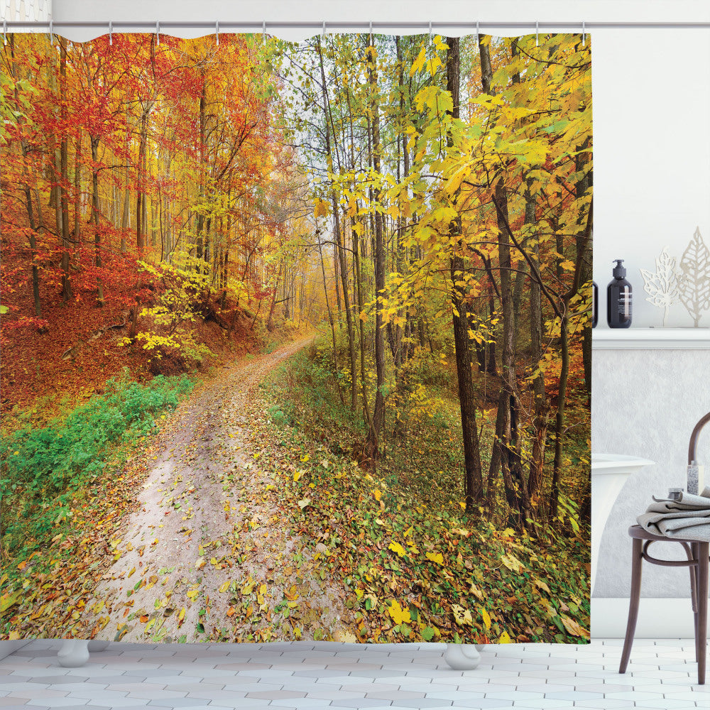 Vibrant Autumnal Landscape Shower Curtain in Fall Tones: Green, Vermilion, Pale Earth Yellow, and Brown