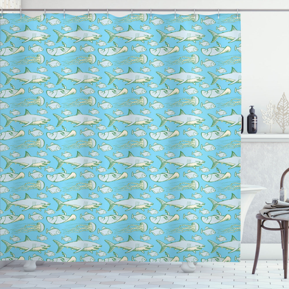 Vintage Sea Creatures Shower Curtain in Shark, Pale Blue Grey, and Green