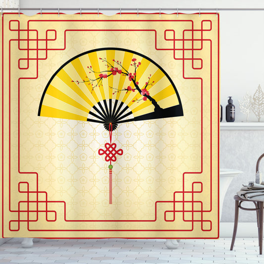 Asian-Inspired Cherry Blossom Bath Curtain in Sand Brown, Yellow and Red