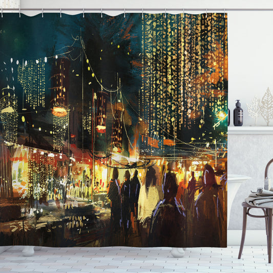 Vibrant City Street Art at Night: Multicolor Shower Curtain Collection