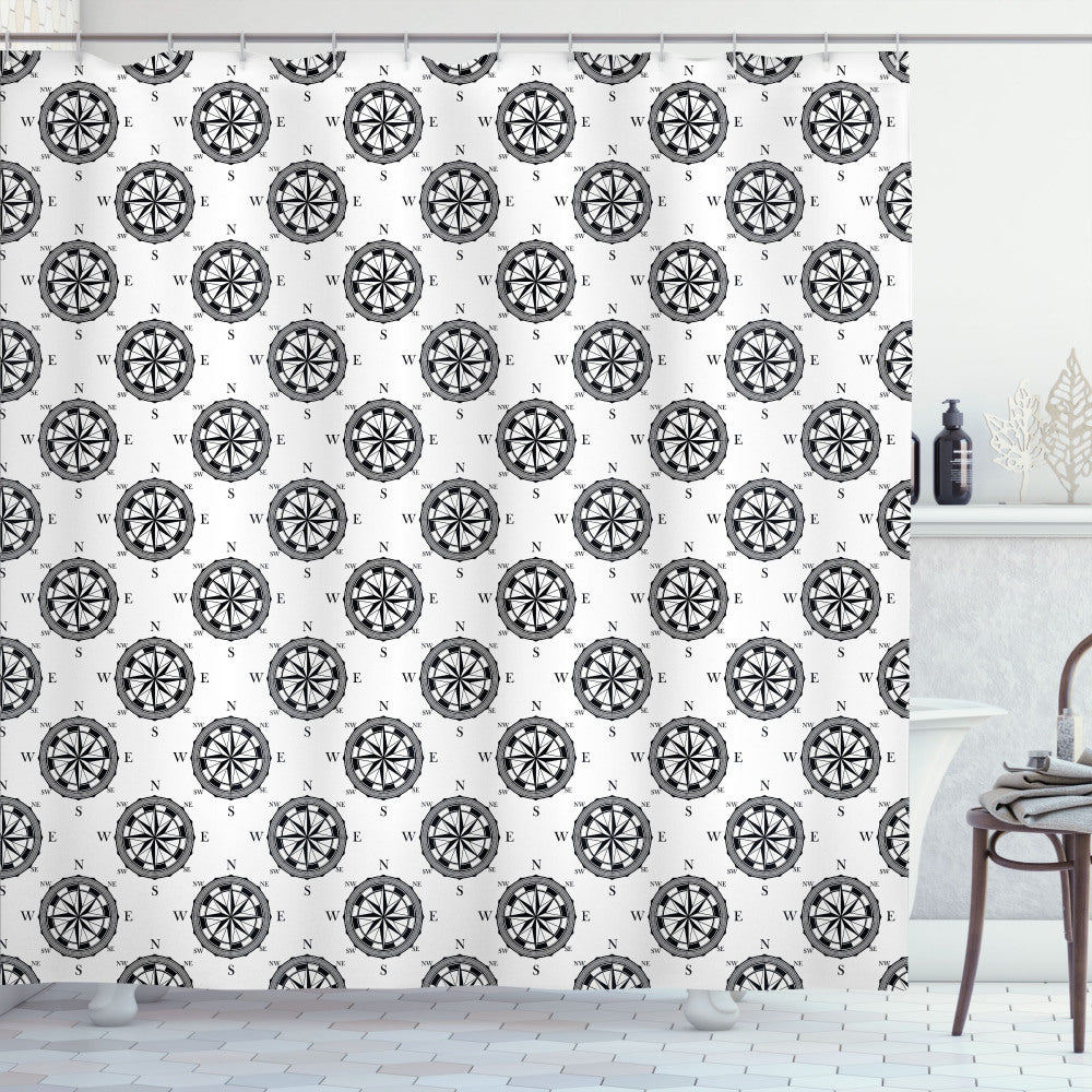 Vintage Compass Design Black and White Shower Curtain